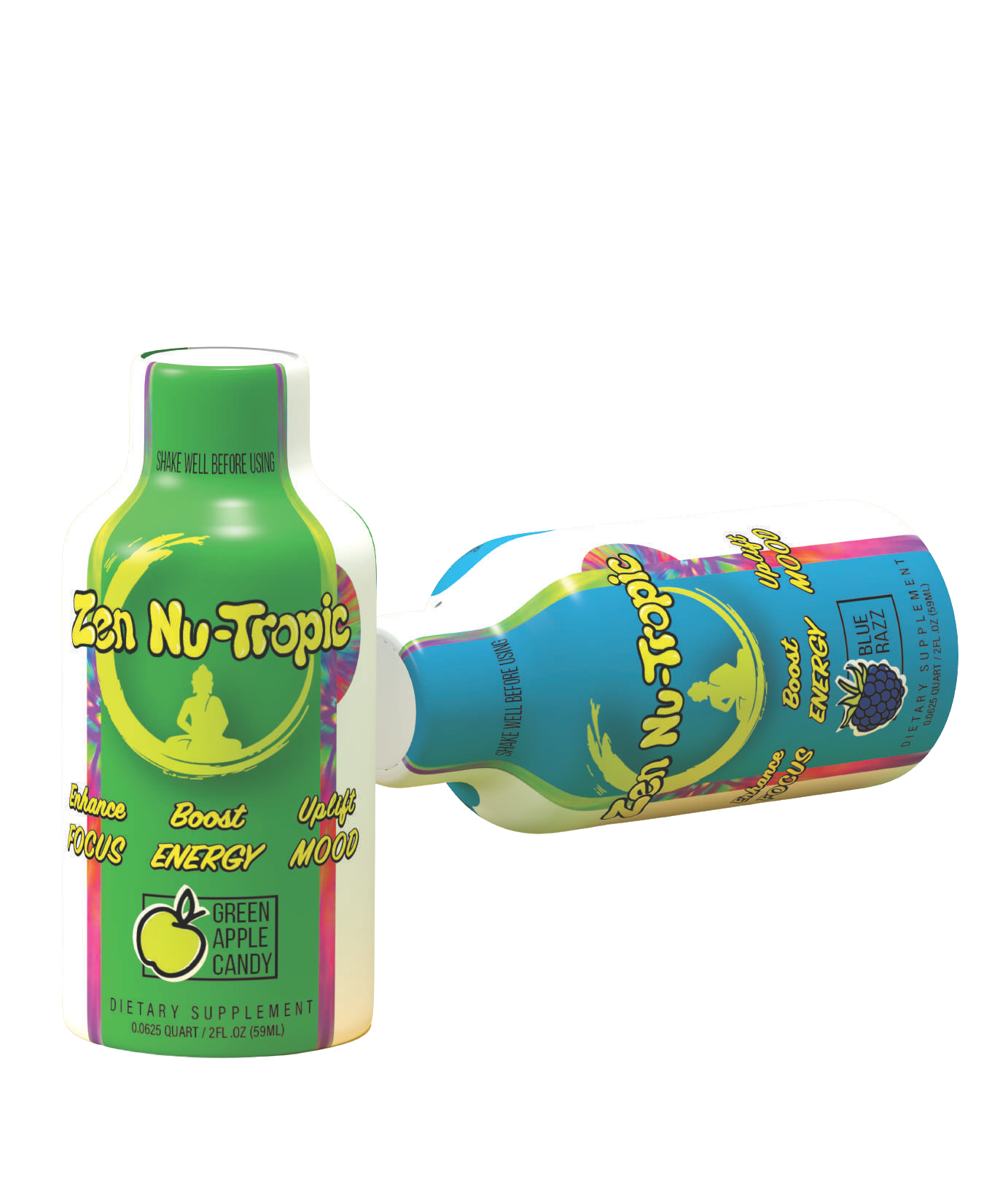 Zen Nu-Tropic 2 fl oz bottles in Green Apple Candy and Blue Razz