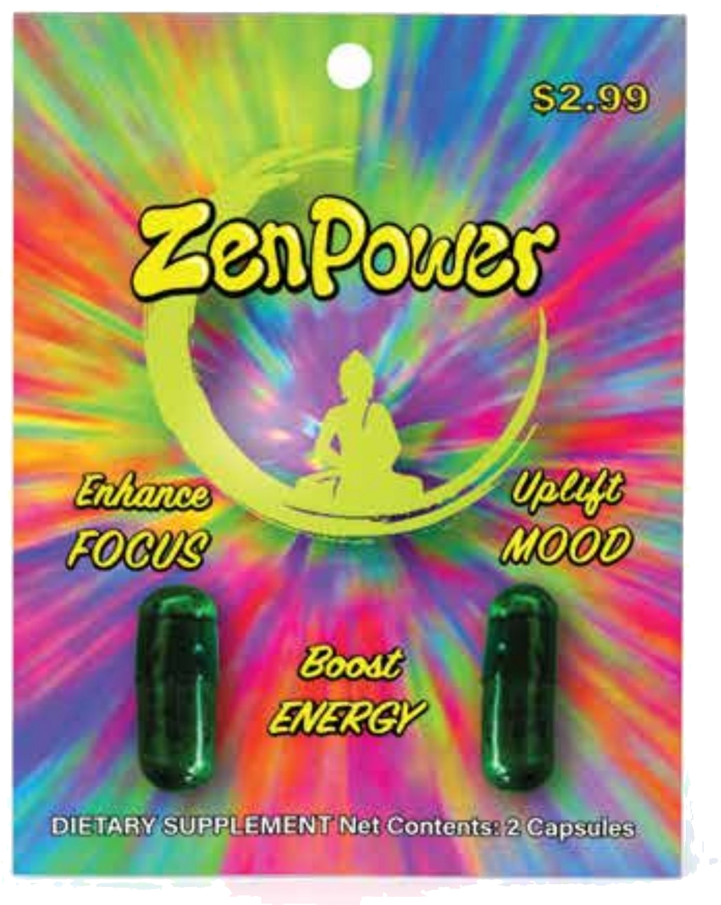 Zen Power Capsules 2 count blister card with tie-dye ZenPower artwork and two green capsules