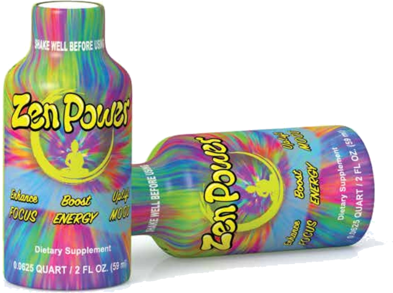 Zen Power Shot 2 fl oz liquid dietary supplement bottles with tie-dye ZenPower packaging